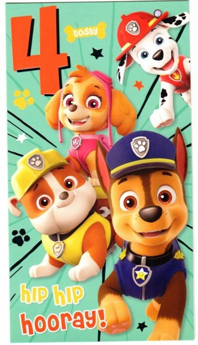 the paw patrol birthday card has four puppies on it