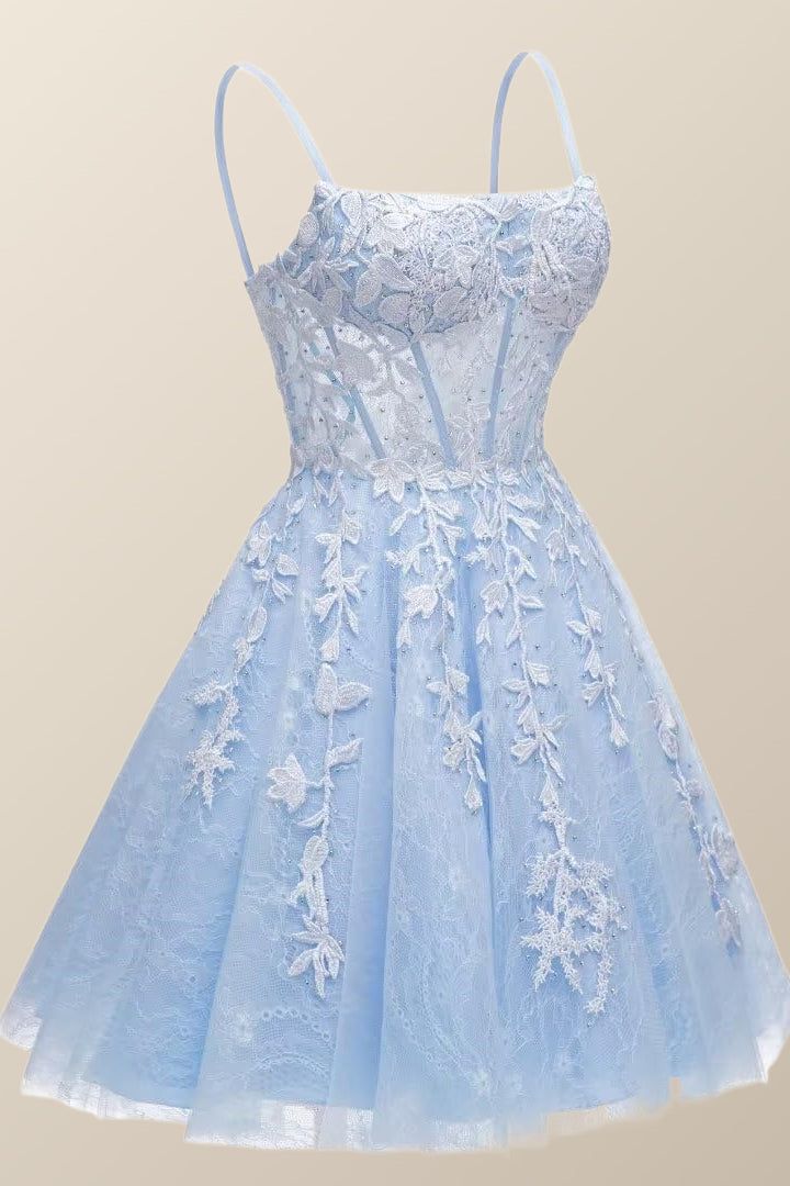 Crafted with delicate tulle and intricate floral embroidery, this strapless, corset-style sky-blue Homecoming dress offers an elevated touch. With built-in bra support and a lace-up back, the above-knee-length design radiates timeless elegance. Pastel Blue Hoco Dress, Light Blue Court Dresses, Dusty Blue Homecoming Dresses, Light Blue Winter Formal Dresses Short, Light Blue Quinceanera Dresses Short, Sky Blue Hoco Dress, Sky Blue Prom Dress Short, Light Blue Short Prom Dress, Blue Quince Dama Dresses