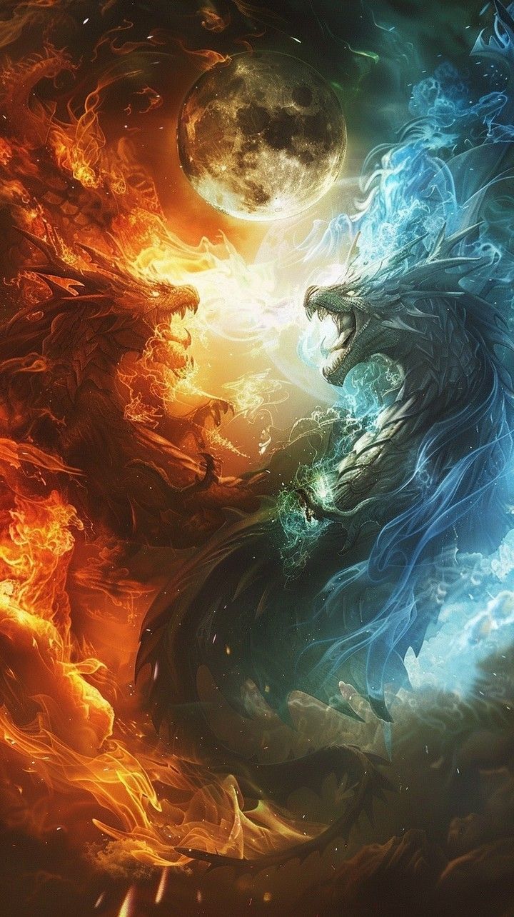 two dragon like creatures in the middle of a fire and water scene with moon behind them