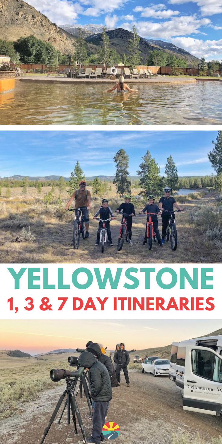 Yellowstone hot spring, family in Yellowstone on bikes, Family on a wildlife tour in Yellowstone. Text reads: Yellowstone 1, 3 or 7 Day Itineraries Travel To Yellowstone National Park, Yellowstone National Park Guided Tours, Yellowstone Bucket List, Yellowstone National Park Itinerary 3 Days, Yellowstone Vacation With Kids, Yellowstone Family Vacation, What To Do In Yellowstone National Park, Things To Do In Yellowstone Park, Yellowstone Trip Planning