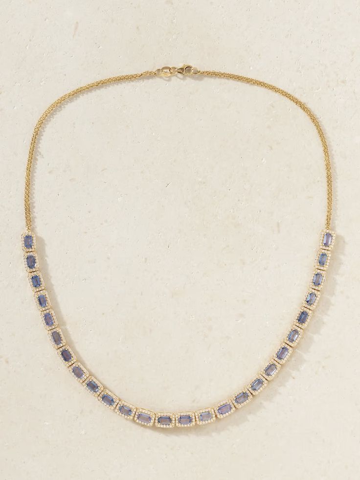 JIA JIA 14-karat gold, sapphire and diamond necklace | NET-A-PORTER Fine Jewelry With Sapphire And Single Cut Diamonds, Luxury Tanzanite Necklace For Anniversary, Luxury Tanzanite Necklaces For Anniversary, Luxury Faceted Emerald Cut Jewelry, Emerald Cut Tanzanite Jewelry In Yellow Gold, Emerald Cut Sapphire Gemstone Necklace, Sapphire Baguette Cut Gemstone Jewelry, Rectangular Sapphire Jewelry With Diamond Cut, Rectangular Diamond Cut Sapphire Jewelry