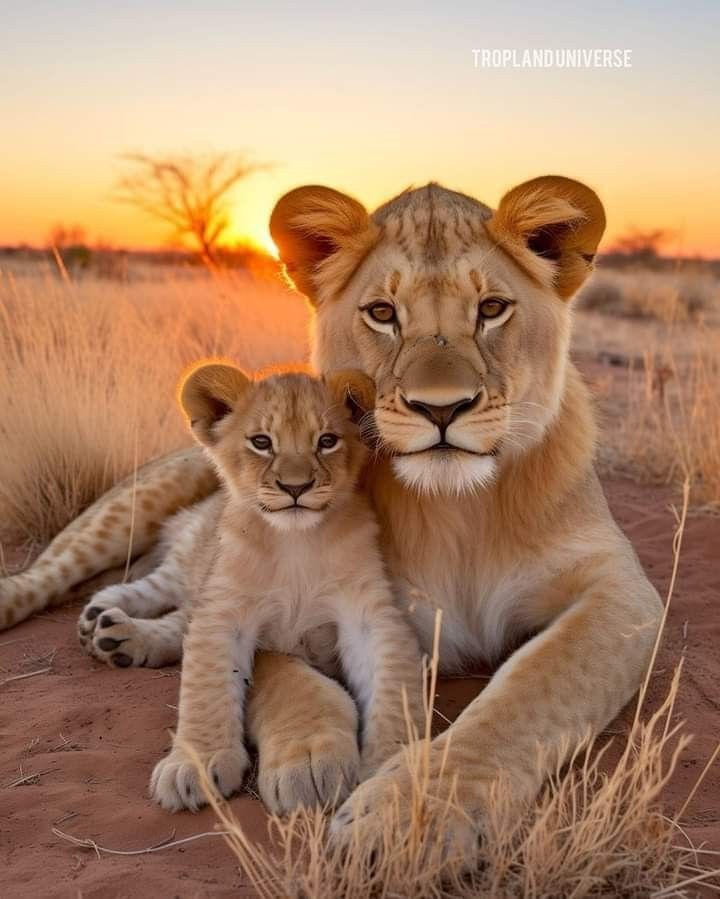 two young lions are sitting on the ground in front of an adult lion at sunset