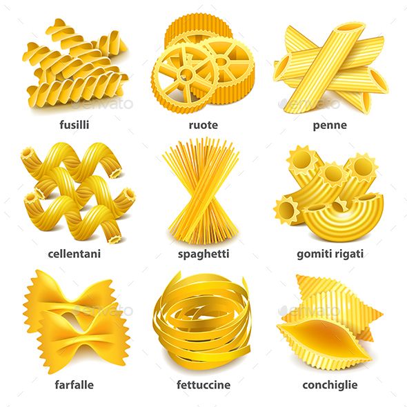 different types of pasta on a white background - food objects 3d renderer files are available