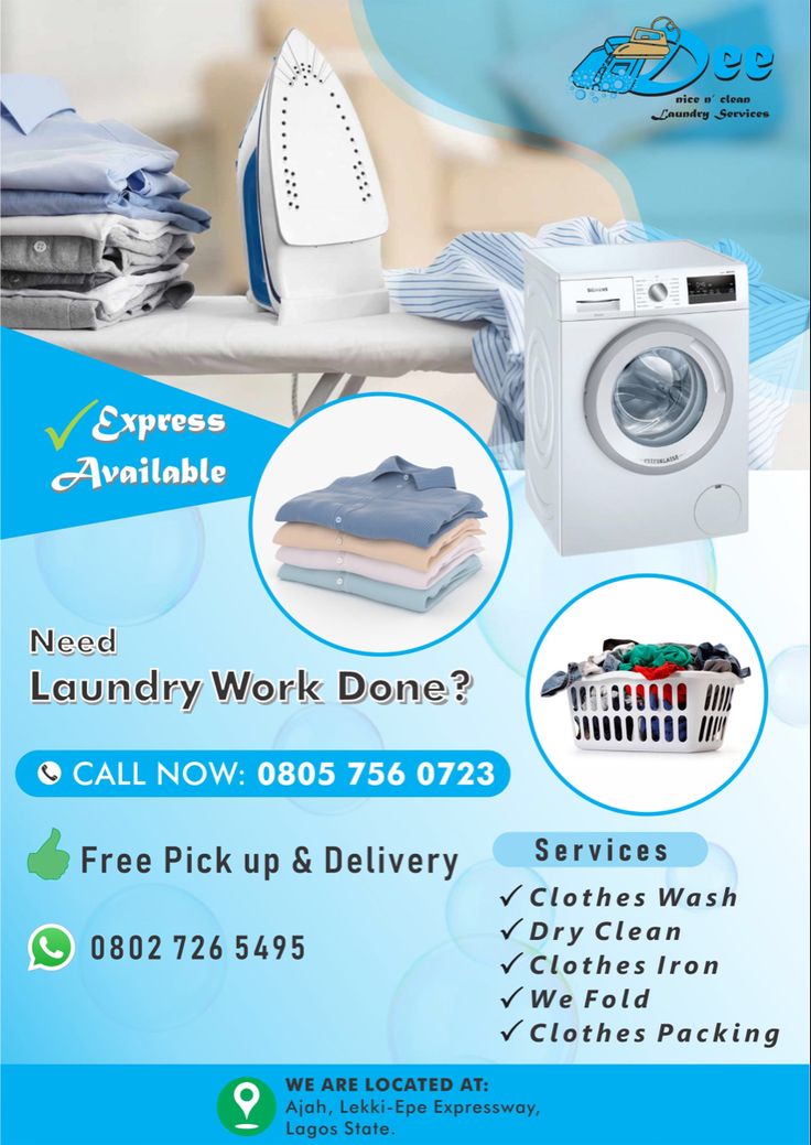 an advertisement for laundry work done in blue and white with images of clothes, ironing board