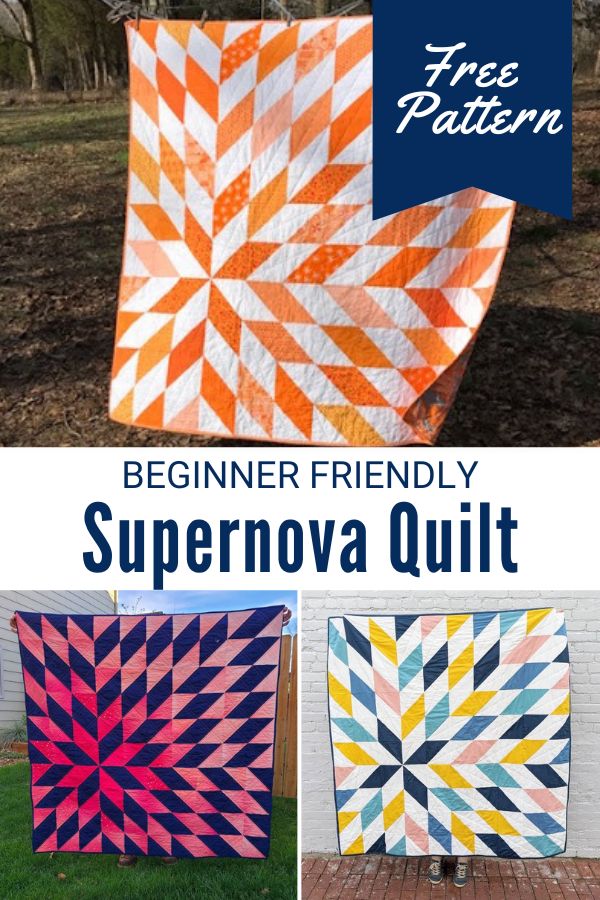 the beginner friendly supernova quilt pattern is shown in three different colors and sizes