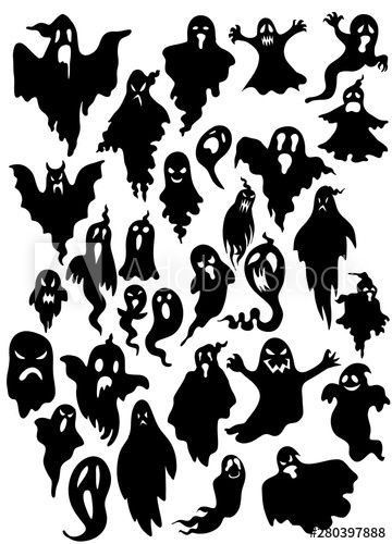 black and white silhouettes of halloween ghost, bats and pumpkins on a white background