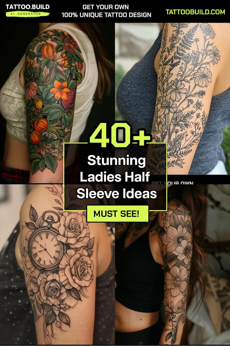 Stylish Womens Half Sleeve Tattoo Inspiration Gallery for Chic Ink Designs Woman Half Sleeve Tattoo Ideas, Womens Half Sleeve Tattoo, Female Sleeve Tattoo Ideas, Half Sleeve Tattoo Upper Arm, Half Sleeve Tattoo Ideas, Womens Half Sleeve, Arm Cover Up Tattoos, Half Arm Sleeve Tattoo, Unique Half Sleeve Tattoos