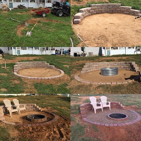 an outdoor fire pit made out of bricks and concrete with lawn chairs around it in front of a house