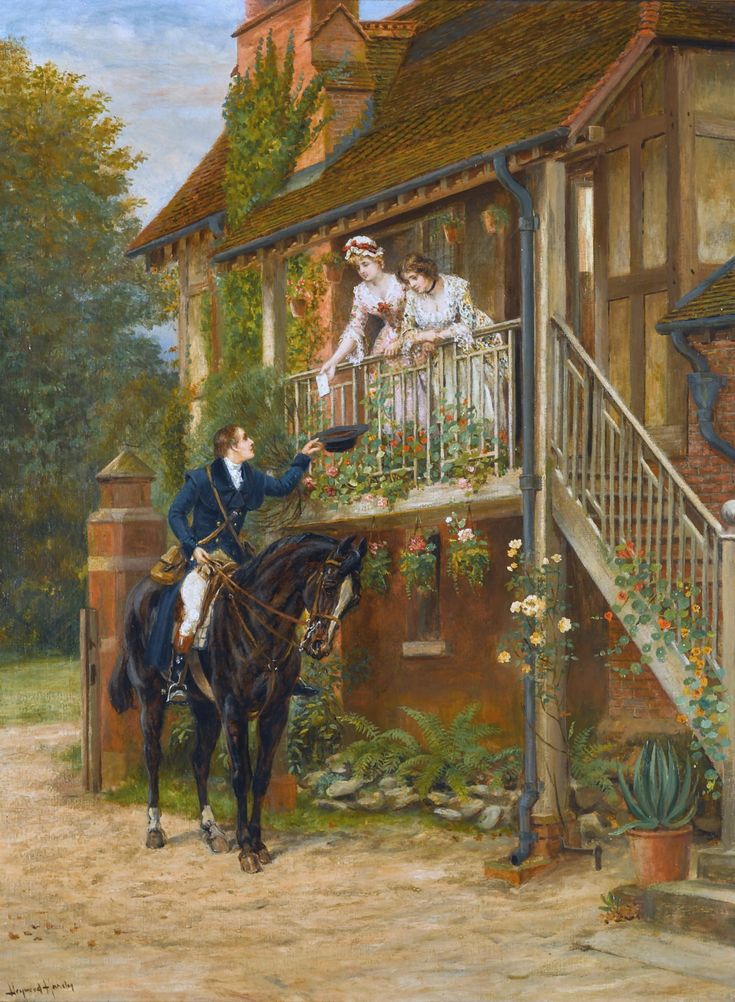 a painting of two people sitting on top of a horse next to a building with flowers