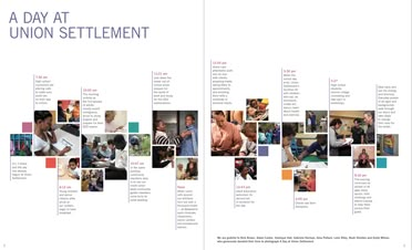 an open brochure with images of people in different colors and sizes, including the words'a day at union seltment '