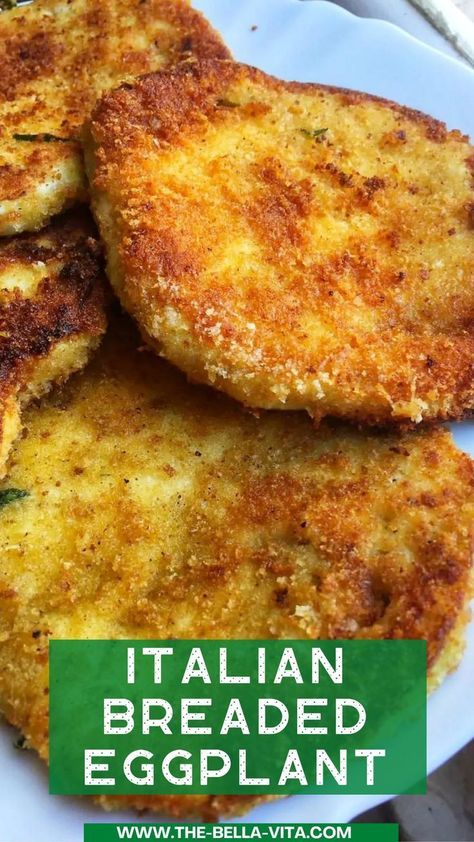 three pieces of breaded eggplant on a white plate with the words italian breaded eggplant