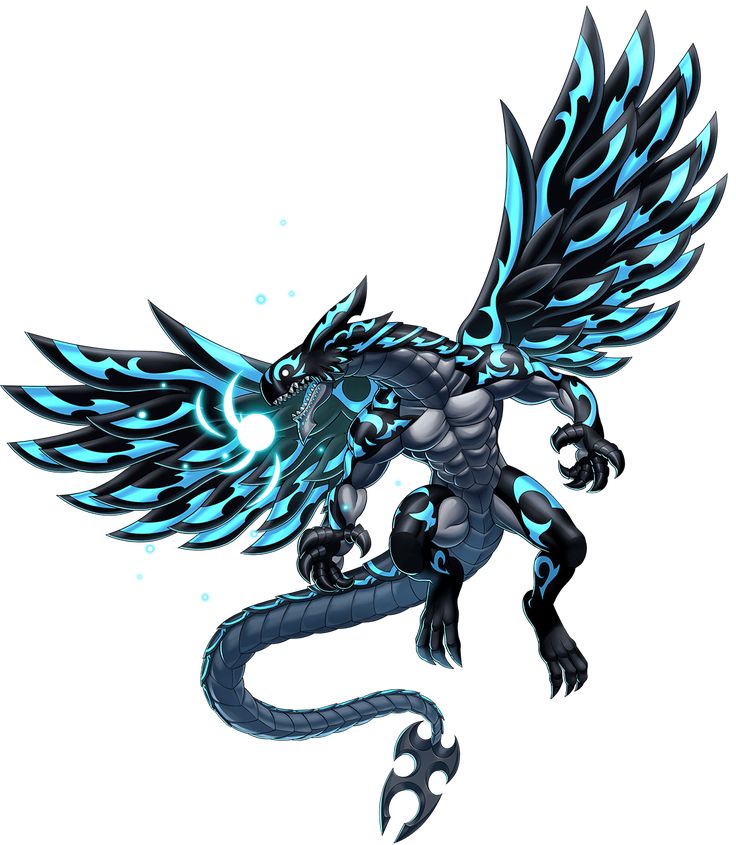 a blue and black dragon with large wings