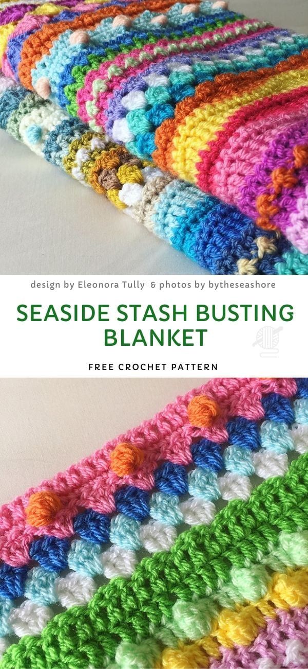 a crocheted blanket with the title seaside stash busting blanket