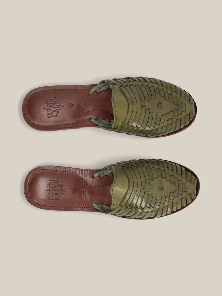 Selva Slip Ons - Women - US – Espiritu Green Slip-on Sandals With Rubber Sole, Green Leather Casual Sandals, Casual Green Leather Sandals, Green Closed Toe Sandals With Leather Footbed, Casual Green Sandals With Leather Sole, Green Leather Footbed Mules For Summer, Green Summer Mules With Leather Footbed, Green Leather Slip-on Sandals, Summer Green Mules With Leather Footbed