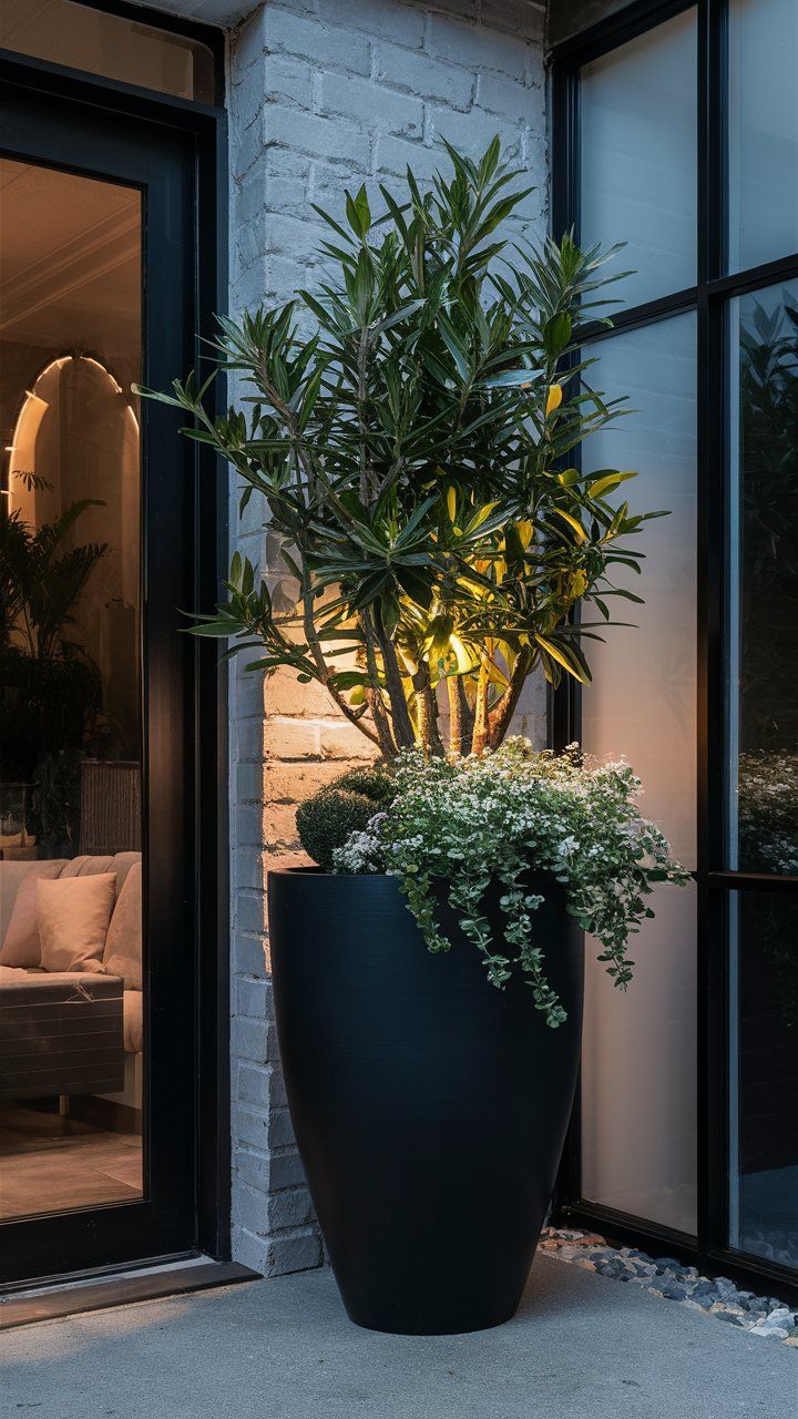 a large potted plant sitting on top of a cement floor next to a glass door