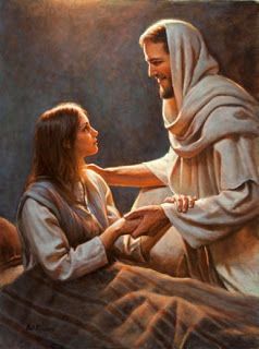 an image of jesus holding the hand of a woman in front of him and she is looking at her