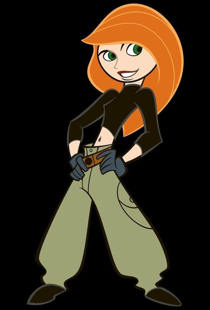 an orange haired woman with long hair and green pants is standing in front of a black background