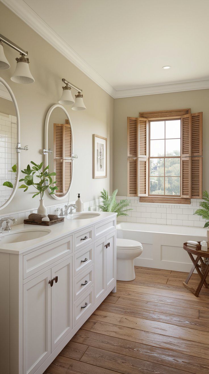 a white bathroom with wooden floors and windows