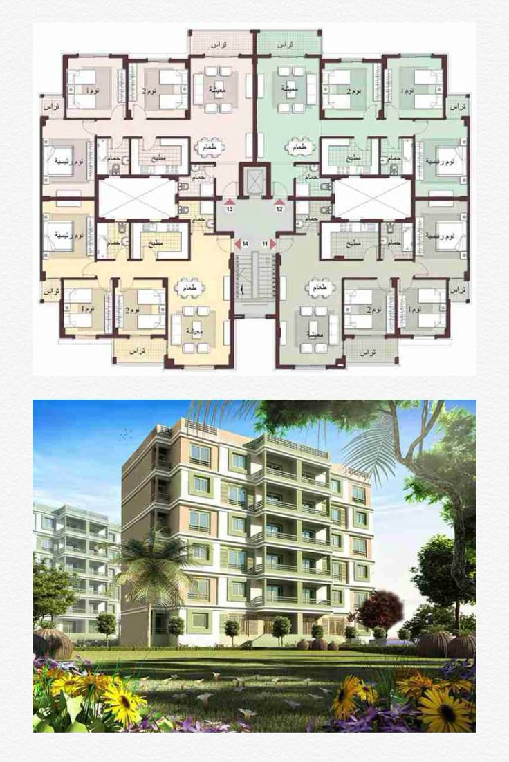 the floor plan for an apartment building with two levels and three floors, in different colors