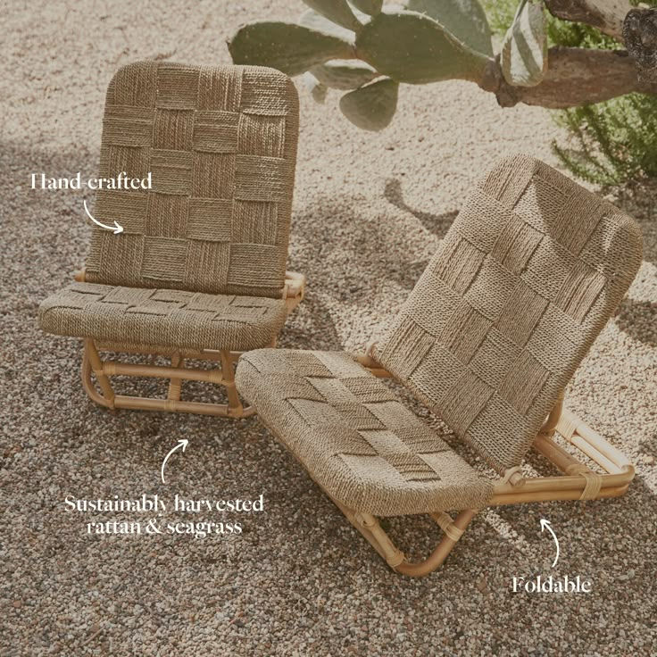 two chairs sitting on top of a sandy ground next to a plant with instructions about how to use them