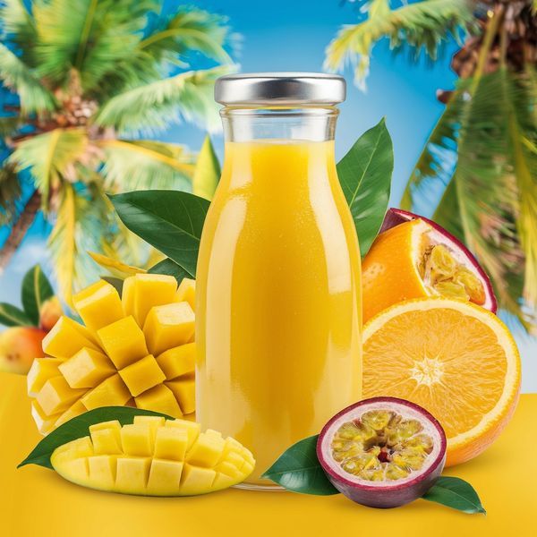 a glass bottle filled with orange juice next to sliced fruit and palm trees in the background