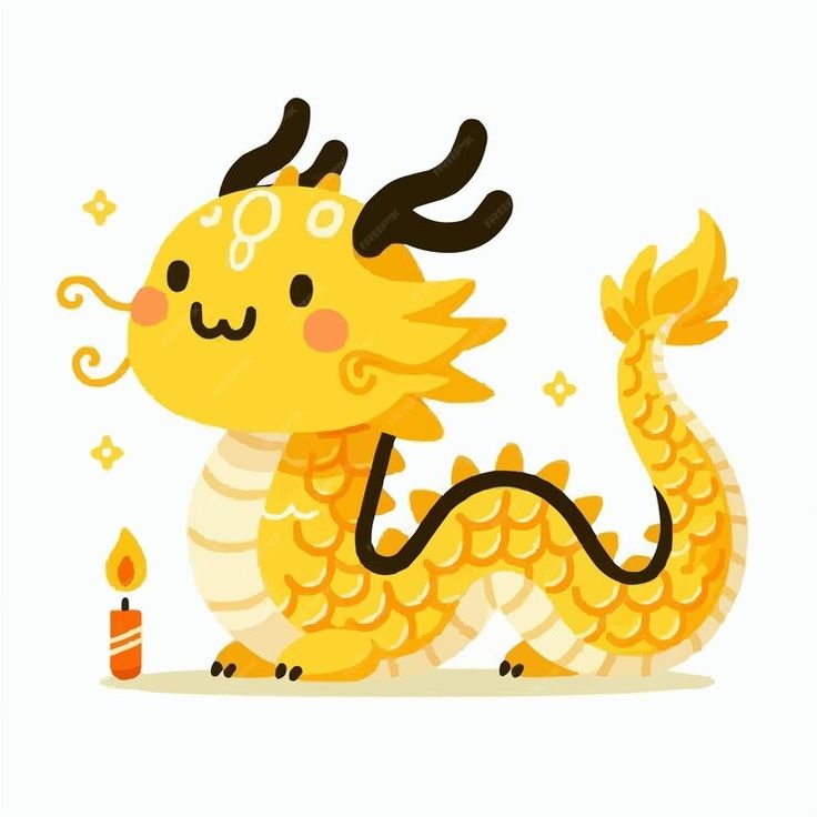 an illustration of a yellow dragon with horns on it's head, holding a lit candle