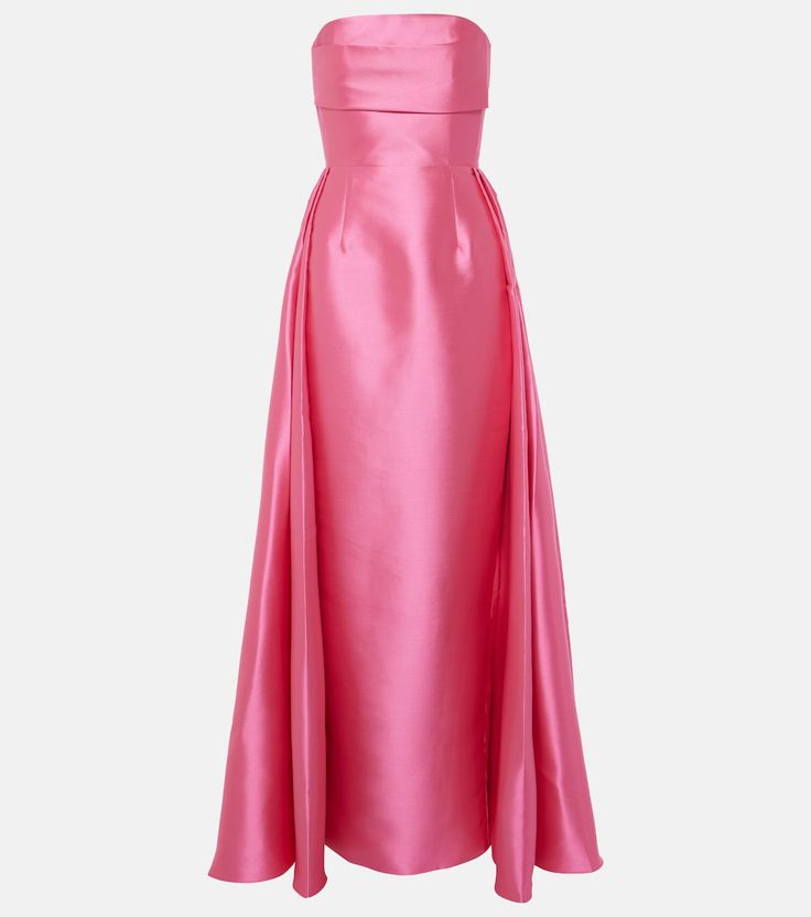 Strapless satin twill gown in pink - Solace London | Mytheresa Pink Wedding Guest Dresses, Maid Of Honor Dress, Solace London, Pink Gown, Maid Of Honour Dresses, London Outfit, Pink Gowns, Satin Gown, Style Maxi Dress