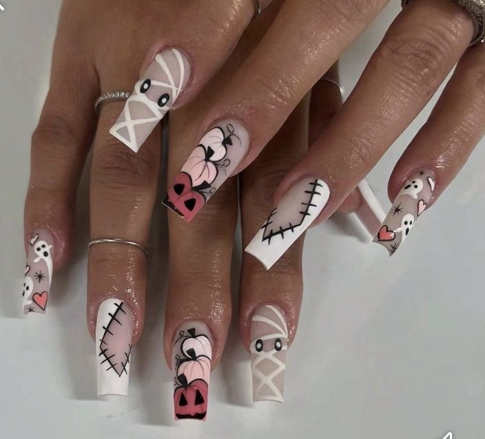 Halloween Design Nails Acrylic, Simple Halloween Nail Art Designs, Pink Halloween Nail Designs, Fall Nail Sets, I Love Me Nails, Virgo Nails Designs, Pink Spooky Nails, Blue Halloween Nails, Cute Spooky Nails