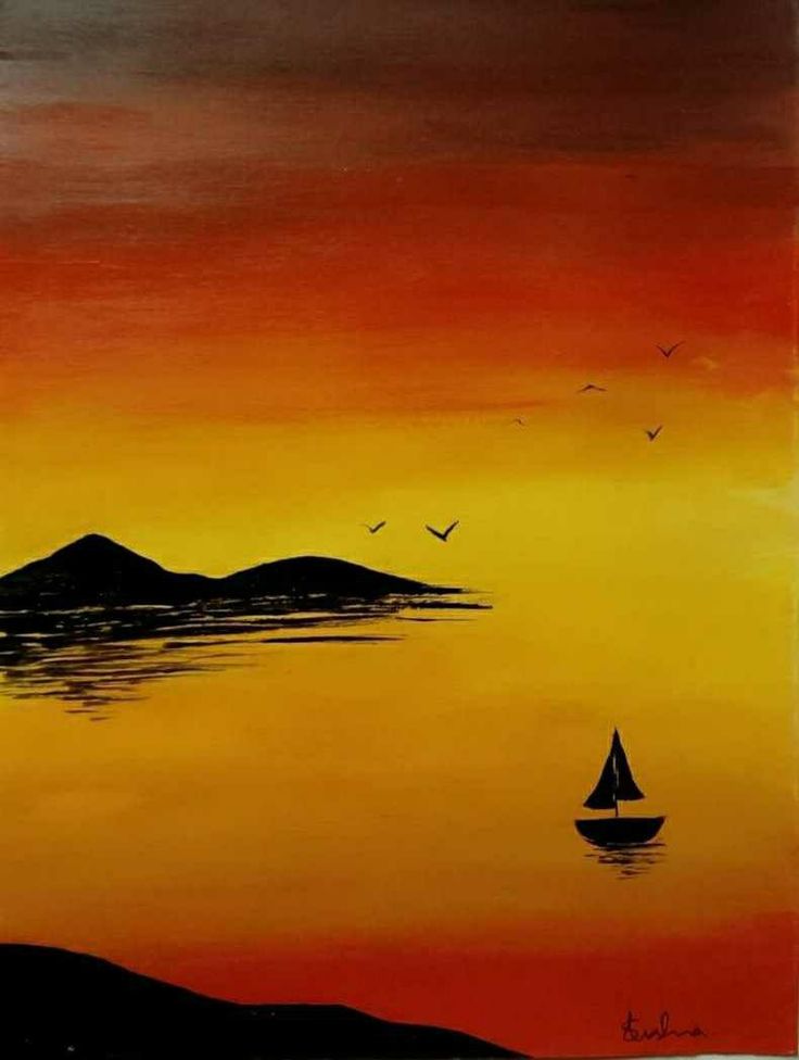 a painting of a sailboat in the water at sunset with birds flying over it