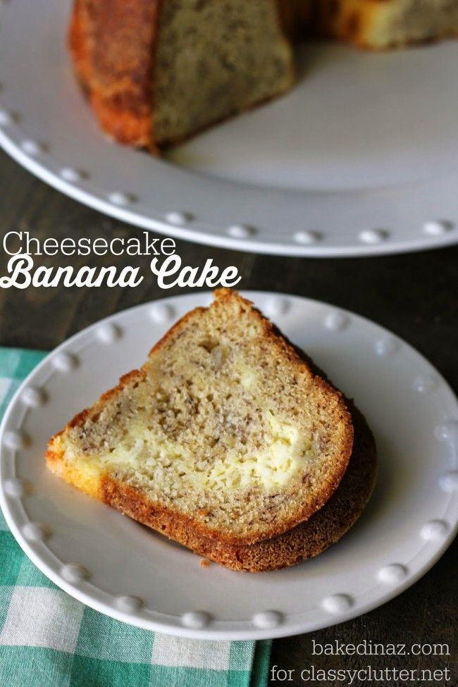 two slices of cheesecake banana cake on white plates