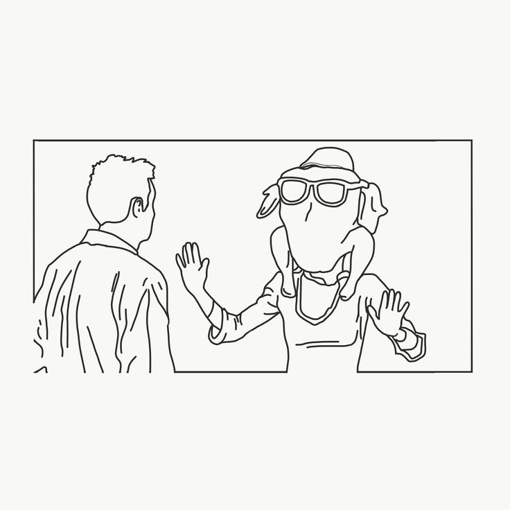 two people are shaking hands in front of a black and white line drawing