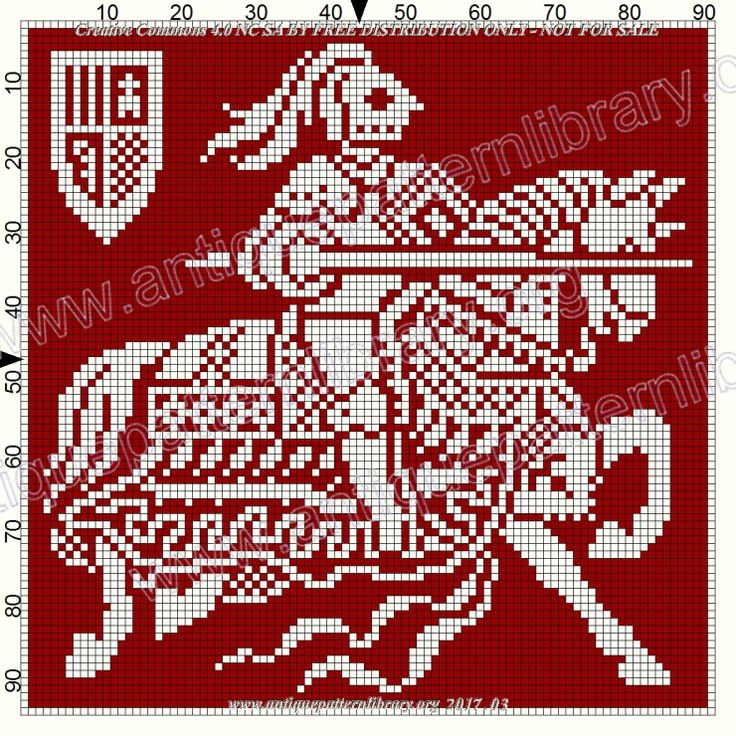 a cross stitch pattern with an image of a horse and rider on it, in red