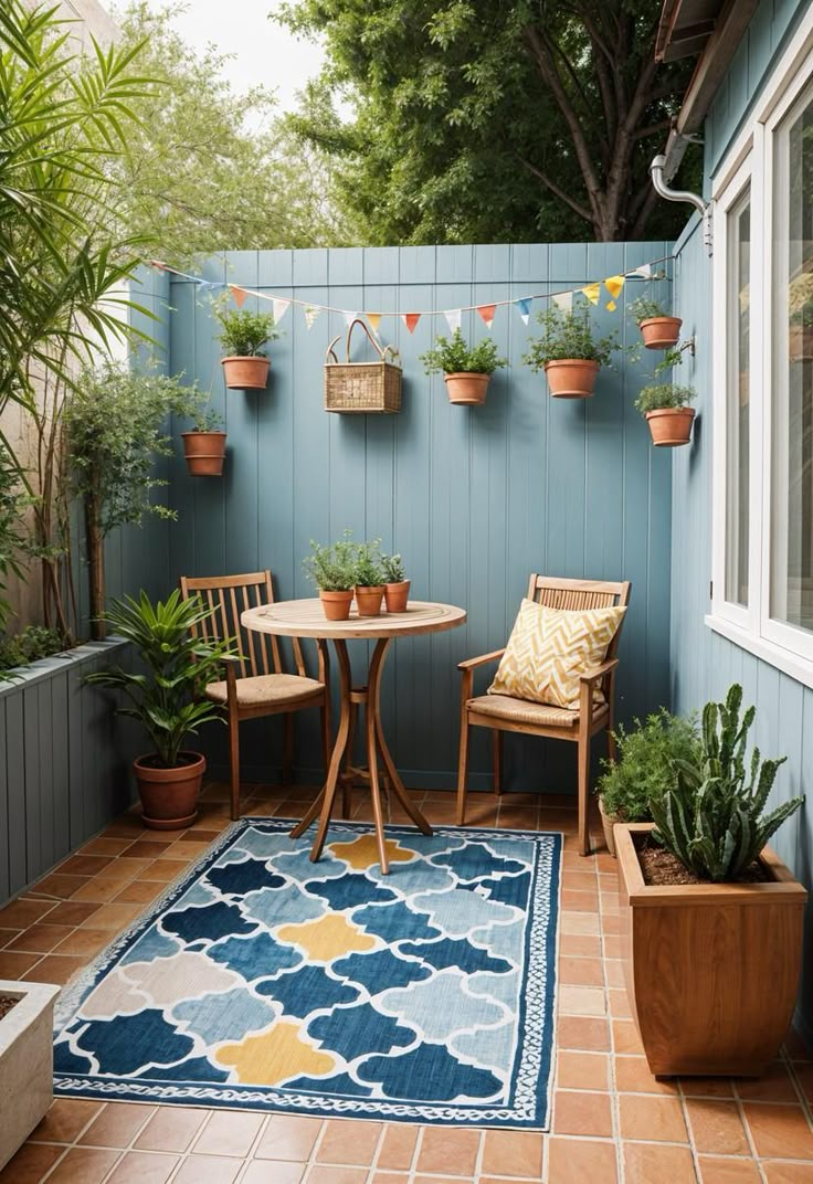 an outdoor patio with potted plants and chairs