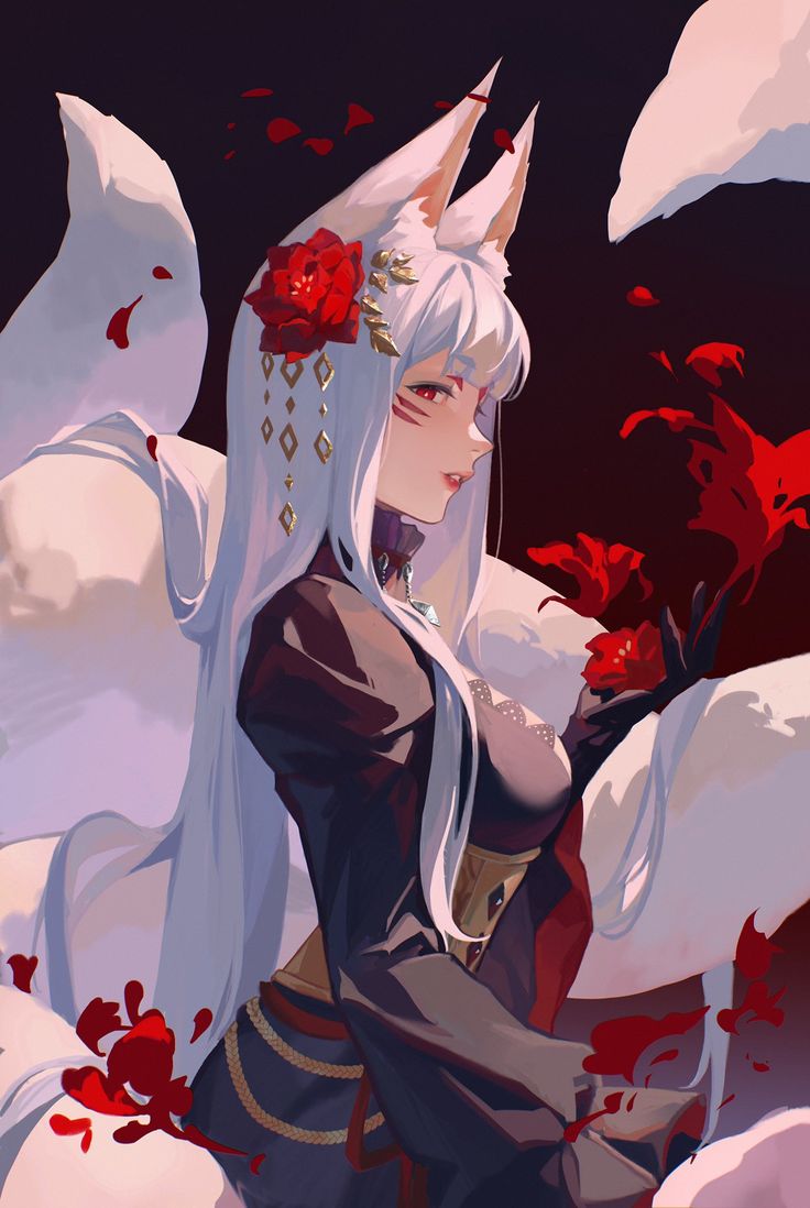 an anime character with white hair and red flowers