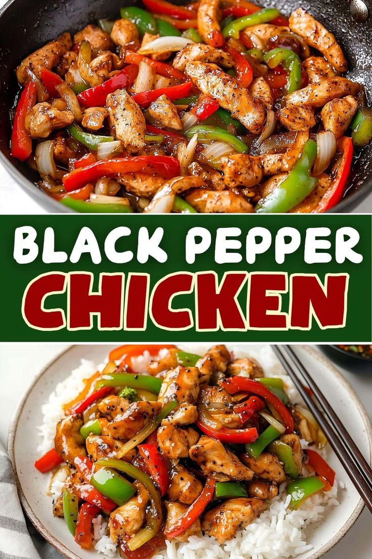 black pepper chicken in a skillet with rice and peppers