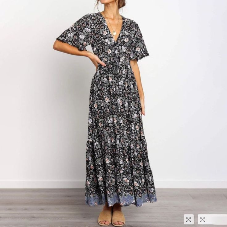 Brand New In Bag, Never Worn Black Cotton Maxi Dress For Vacation, Black Short Sleeve Maxi Dress For Vacation, Black Boho Print Spring Dress, Black Short Sleeve Maxi Dress For Beach, Black Cotton Vacation Dress, Black Floral Print Maxi Dress For Vacation, Casual Black Boho Print Dress, Black Floral Print Maxi Dress For The Beach, Black Floral Print Maxi Dress For Beach