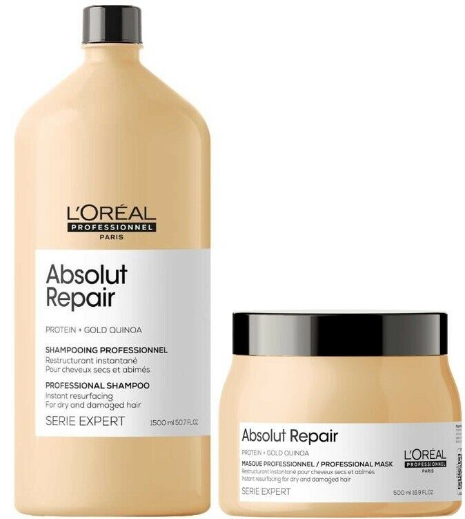 Shampoo Absolut RepaiR ReparadoR Gold Quinoa + ProteiN 1500ML Serie Expert Boosted with Protein + Golden Quinoa, the professional formula of Instant Resurfacing Shampoo immediately cleanses and restructures damaged hair, without weighing it down and with a light touch.   APPLICATION Apply to wet hair and scalp. Carry out a gentle massage until creating a lather. Rinse thoroughly.   TECHNOLOGY: GOLD QUINOA + PROTEIN Protein + Golden Quinoa: the professional formula of Instant Resurfacing Shampoo, Hair Thickening Remedies, Quinoa Protein, Hair Thickening, Damaged Hair Repair, Light Touch, Hair Repair, Shiny Hair, Wet Hair, Damaged Hair