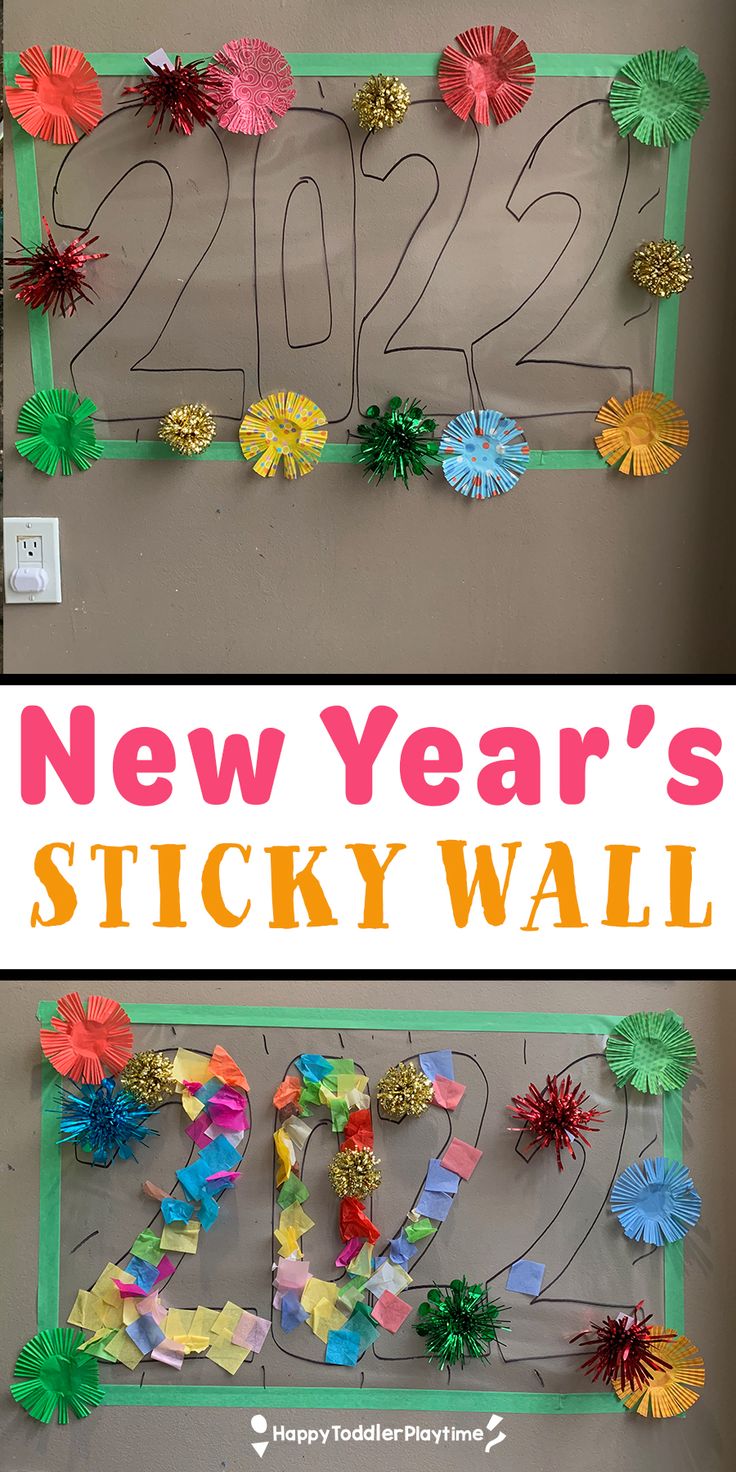 the new year's sticky wall is decorated with colorful paper flowers