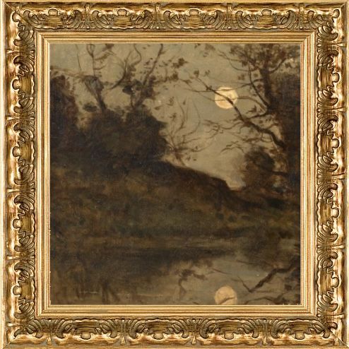 an old painting with trees in the background and a moon on the sky above it