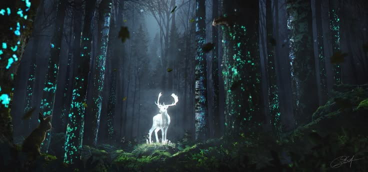 a white deer standing in the middle of a forest with green lights on it's antlers