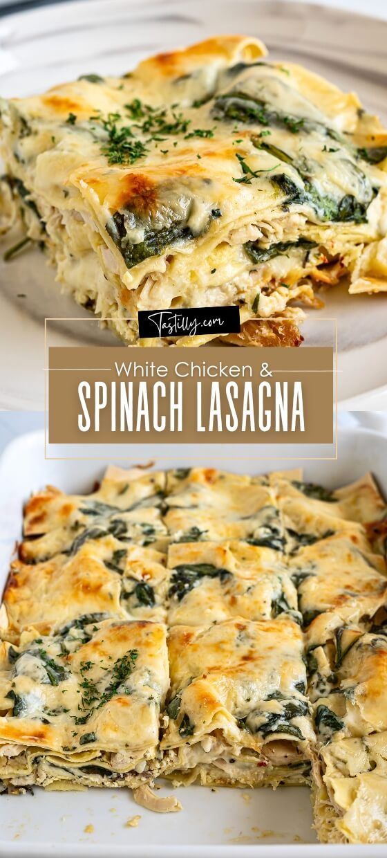 spinach lasagna in a white casserole dish with text overlay