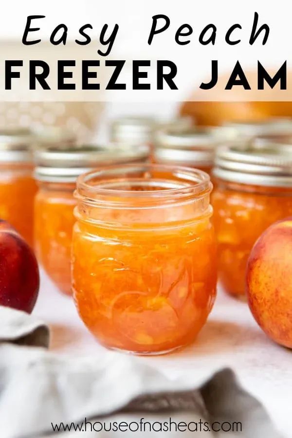 peach freezer jam with apples in the background