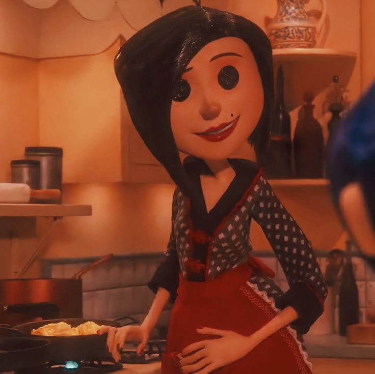 an animated woman standing in front of a stove with food on the pans behind her