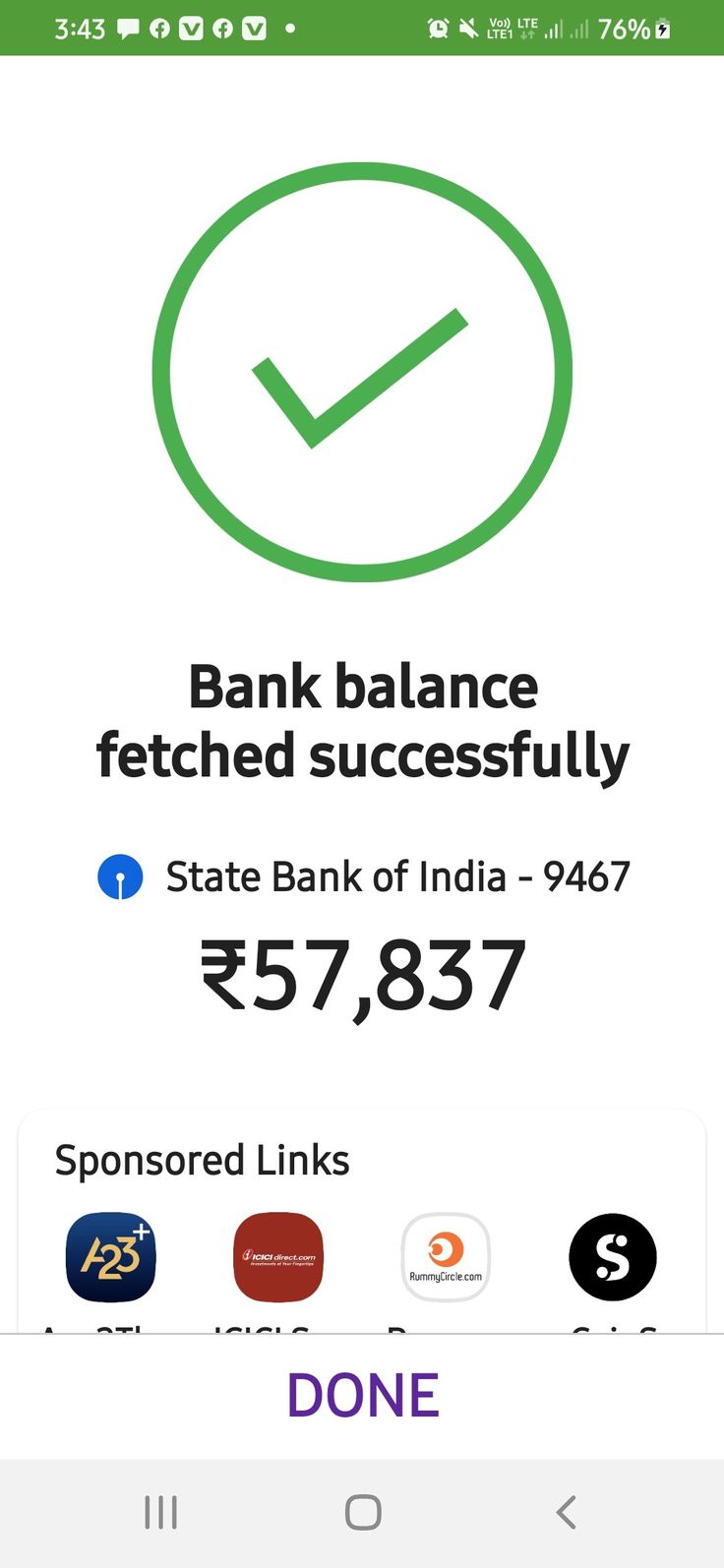 the bank balance screen shows that it is being paid by state bank of india - 947