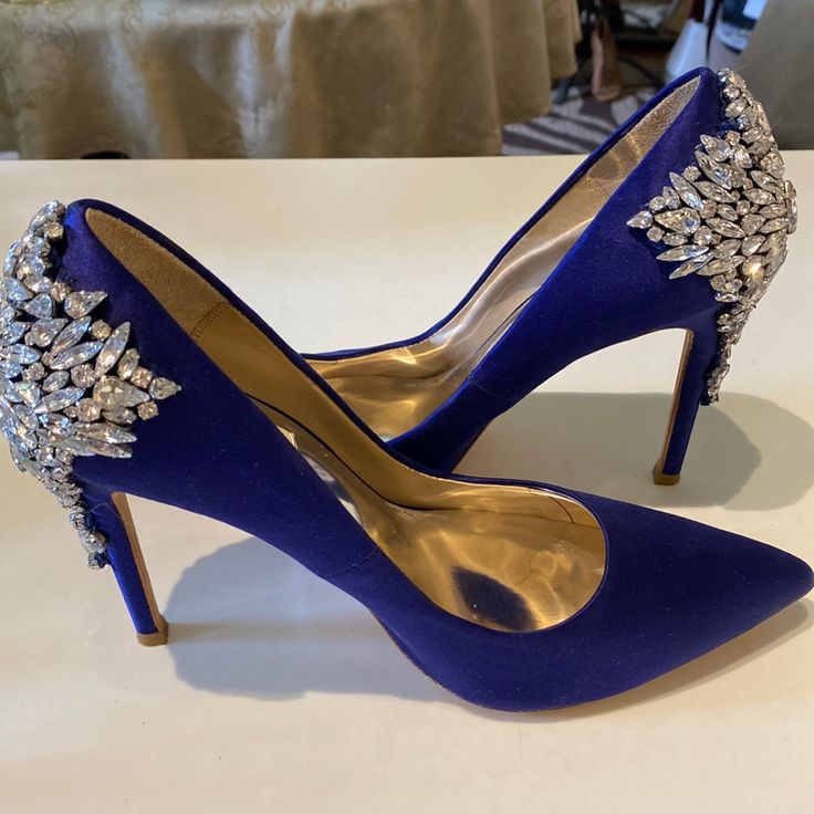 Badgley Mischa Gorgeous Royal Blue Satin Pump With Rhinestone Embellishments On Back Of Heel. Worn Once And In Pristine Condition. Blue Rhinestone Wedding Heels, Glamorous Blue Heels For Weddings, Elegant Blue Heels With Rhinestones, Blue Rhinestone Wedding Shoes For Formal Occasions, Blue Glamorous Wedding Shoes For Party, Blue Wedding Shoes With Rhinestones, Blue Rhinestone Wedding Shoes, Glamorous Crystal-embellished Wedding Shoes, Elegant Blue Wedding Shoes With Crystals