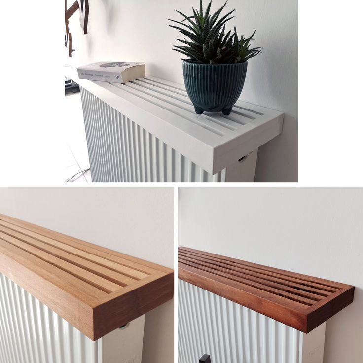 two pictures of a white radiator with wooden slats and a plant on top