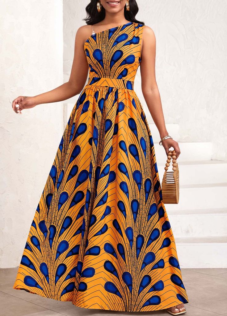 ROTITA Asymmetry Feathers Print Orange One Shoulder Sleeveless Maxi Dress Sleeveless Summer Dress With Side Zipper, Blue Sleeveless Dress With Side Zipper, Sleeveless Maxi Dress With Back Zipper For Summer, Sleeveless Summer Maxi Dress With Back Zipper, Sleeveless Maxi Dress With Back Zipper, Blue Summer Dress With Side Zipper, Nigerian Dress, Geometric Clothing, One Shoulder Maxi Dress