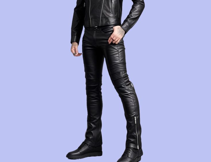 "📌 ITEM DETAILS: Discover our stylish skinny  leather pants! Combining edgy charm with everyday comfort,this custom leather pant are a must for your wardrobe. This real leather pant increase the elegance with slimfit look and two  pockets, Leather pants men looks stunning, Whether you're going casual or aiming for a bold look, these motorbike pant work for every occasion. Made from real leather, they're durable and age beautifully ⚡ Features: 🔸Zipper Fly 🔸Fully Lined 🔸Two Front pockets and 2 back pockets ✂ SIZE: In order to provide you a perfect fit please provide us your following measurements in \"CUSTOM ORDER NOTES/ PERSONALIZATION\" so this product can be a perfect fit for you. 🛠 Measurements Required: ➡ Waist ➡Inseam ➡Thigh ➡Knee ➡Calf ➡Hip QUALITY: 100% Genuine Quality 📏 CUSTOM Black Leather Pants Men, Leather Pants Men, Pants Gift, Zipper Jeans, Leather Pant, Black Leather Pants, Leather Jeans, Leather Trousers, Mens Leather