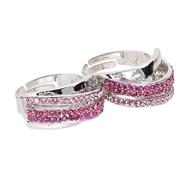 "Pewter" (zinc-based alloy) adjustable multi-finger ring features a smooth band, crisp details and sparkling Egyptian glass rhinestone accents. Adjustable Silver Rings With Sparkling Stones, Pink Rhinestone Rings For Gifts, Pink Crystal Ring With Sparkling Stones For Anniversary, Pink Party Rings With Rhinestones, Pink Rhinestone Party Rings, Pink Crystal Rings For Anniversary, Adjustable Rhinestone Rings For Anniversary, Adjustable Rhinestone Anniversary Rings, Pink Ring With Sparkling Stones