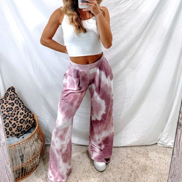 Soft Terry Tie Dye Pants Have A Bell Bottom Fit And Side Pockets. The Cutest Bottoms And So Comfy! 100% French Terry Model Is 5'3 And Wearing A Small. Trendy Pink Wide Leg Pants For Loungewear, Pink Wide Leg Loungewear Pants, Pink Wide Leg Pants For Loungewear, Pink Cotton Wide Leg Pants With Elastic Waistband, Pink High Waist Wide Leg Pants For Loungewear, Pink Wide Leg Pants With Elastic Waistband For Loungewear, Pink Stretch Wide-leg Pants, Pink Wide Leg Bottoms With Elastic Waistband, Pink High-waisted Lounge Pants